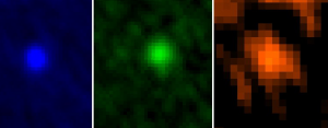 Gambar 2. Asteroid Apophis sebagaimana diabadikan teleskop antariksa Herschel pada 5-6 Januari 2013 menggunakan cahaya ultraungu (dari kiri ke kanan masing-masing dengan panjang gelombang 700, 1.000 dan 1.600 Angstrom). Observasi ini menghasilkan fakta baru: diameter asteroid Apophis ternyata lebih besar dari yang diperkirakan sebelumnya. Sumber : Space.com, 2013. 