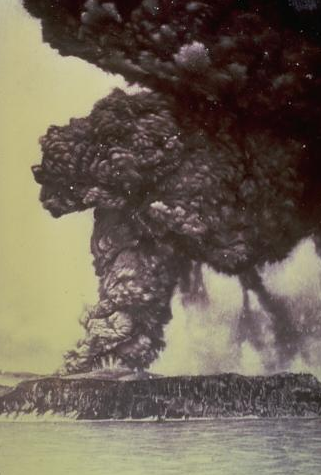 Gambar 1. Gunung Krakatau, seminggu setelah aktivitas vulkaniknya dimulai pada Mei 1883. Letusan dalam gambar ini berasal dari puncak Perbuwatan. Selama tiga bulan kemudian letusan demi letusan dari ketiga puncak Krakatau kian intensif dengan puncaknya pada 26-28 Agustus 1883 yang menghancurkan hampir seluruh tubuh gunung menjadi kaldera 7 km.  Sumber : Simkin & Fiske, 1983. 