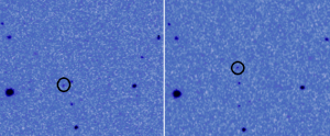 Gambar 2. Sekuens citra asteroid 2012 DA14 saat ditemukan dari observatorium Mallorca (Spanyol) dalam La Sagra Sky Survey. Asteroid (ditandai dalam lingkaran) nampak bergerak relatif terhadap bintang-bintang yang menjadi latarbelakangnya. Kedua citra ini diambil dalam waktu berbeda yang berselisih sekitar 1 jam. Sumber : La Sagra Sky Survey, 2012.
