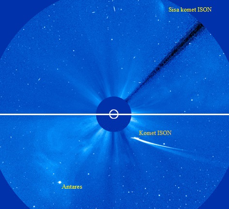 Gambar 6. Dramatisnya penampilan komet ISON terlihat dalam citra komposit ini, antara 30 jam sebelum melintasi perihelionnya saat komet masih cukup terang (bawah) dengan 30 jam setelah melewati perihelionnya saat komet sudah sangat redup (atas). Sumber: NASA, 2013.