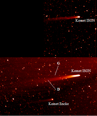 Gambar 4. Komet ISON diabadikan dengan instrumen HI-1 satelit STEREO A pada 21 November 2013 (atas) dan 27 November 2013 (bawah). Perhatikan perbedaan bentuk dan ketebalan ekor komet serta ukuran kepala komet ISON pada kedua tanggal tersebut. Ekor debu (D) nampak jelas, sementara ekor gas (G) terlihat tipis. Sumber: NASA, 2013.
