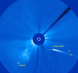 Gambar 1. Komet ISON pada saat paling benderang, Kamis 28 November 2013 pukul 13:00 WIB, seperti diabadikan dalam instrumen LASCO C3 satelit SOHO, lengkap dengan ekor gas (G) dan ekor debu (D). Garis horizontal sebelah menyebelah kepala komet adalah cacat fotografis, yang terjadi akibat komet terlalu terang sehingga sensor LASCO C3 SOHO sempat tersaturasi. Sumber: NASA, 2013.