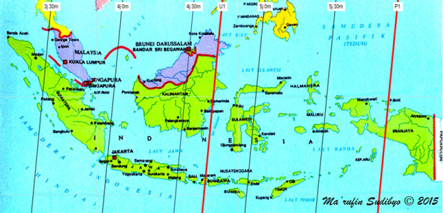 Gambar 5. Peta durasi-tampak Gerhana Bulan Total 4 April 2015 untuk Indonesia. Gerhana Bulan ini sebenarnya memiliki durasi 5 jam 56 menit, terhitung dari kontak awal hingga kontak akhir penumbra. Namun dengan Bulan dalam proses terbit di Indoensia saat gerhana terjadi, maka durasi-tampak gerhana terhitung dari terbitnya Bulan hingga kontak akhir penumbra menjadi berbeda-beda dari satu lokasi ke lokasi lain. Garis-garis dalam peta ini menghubungkan titik-titik yang memiliki durasi-tampak yang sama. Angka 5j 30m bermakna "durasi-tampak 5 jam 30 menit." Sumber: Sudibyo, 2015.