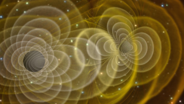 Ilustrasi dari gelombang gravitasi yang dihasilkan oleh 2 buah black hole yang sedang menyatu. Kredit : Henze/NASA