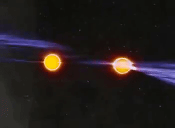 Ilustriasi Pulsar yang berpasang yang saling mengitari. Kredit : John Rowe Animations, www.jb.man.ac.uk